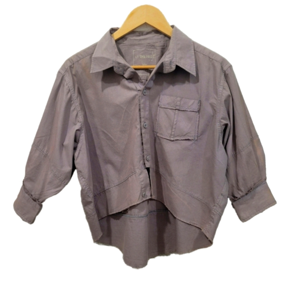 Retro FREE PEOPLE "We The Free" Distresse Cropped Hi-Low Hem Utility Style Shirt